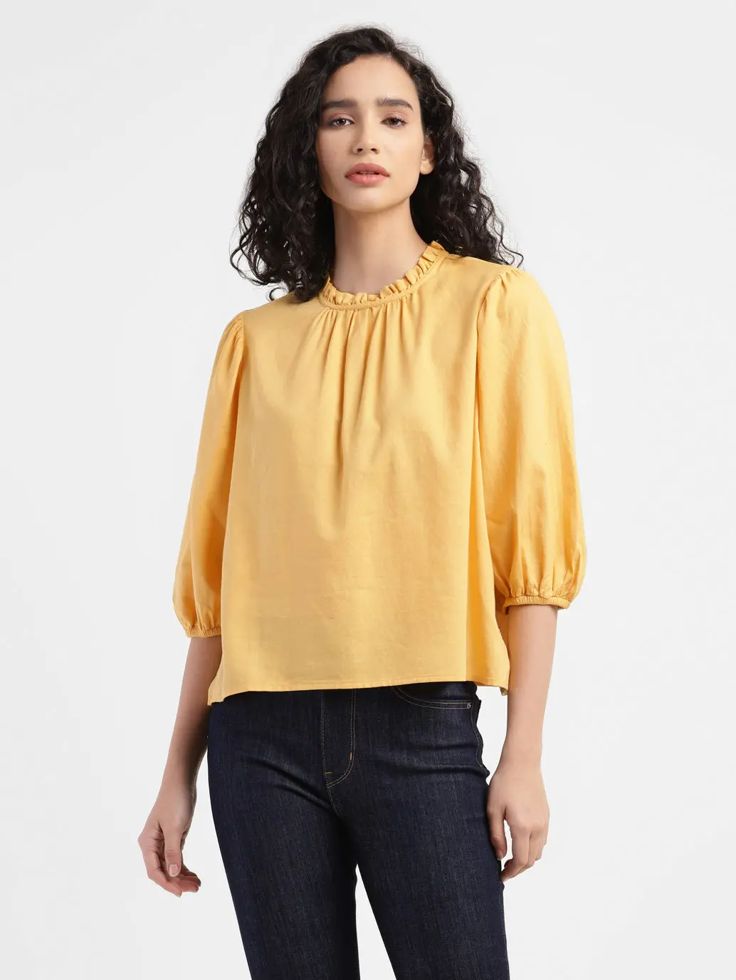 Women's Solid Yellow Round Neck Top 2