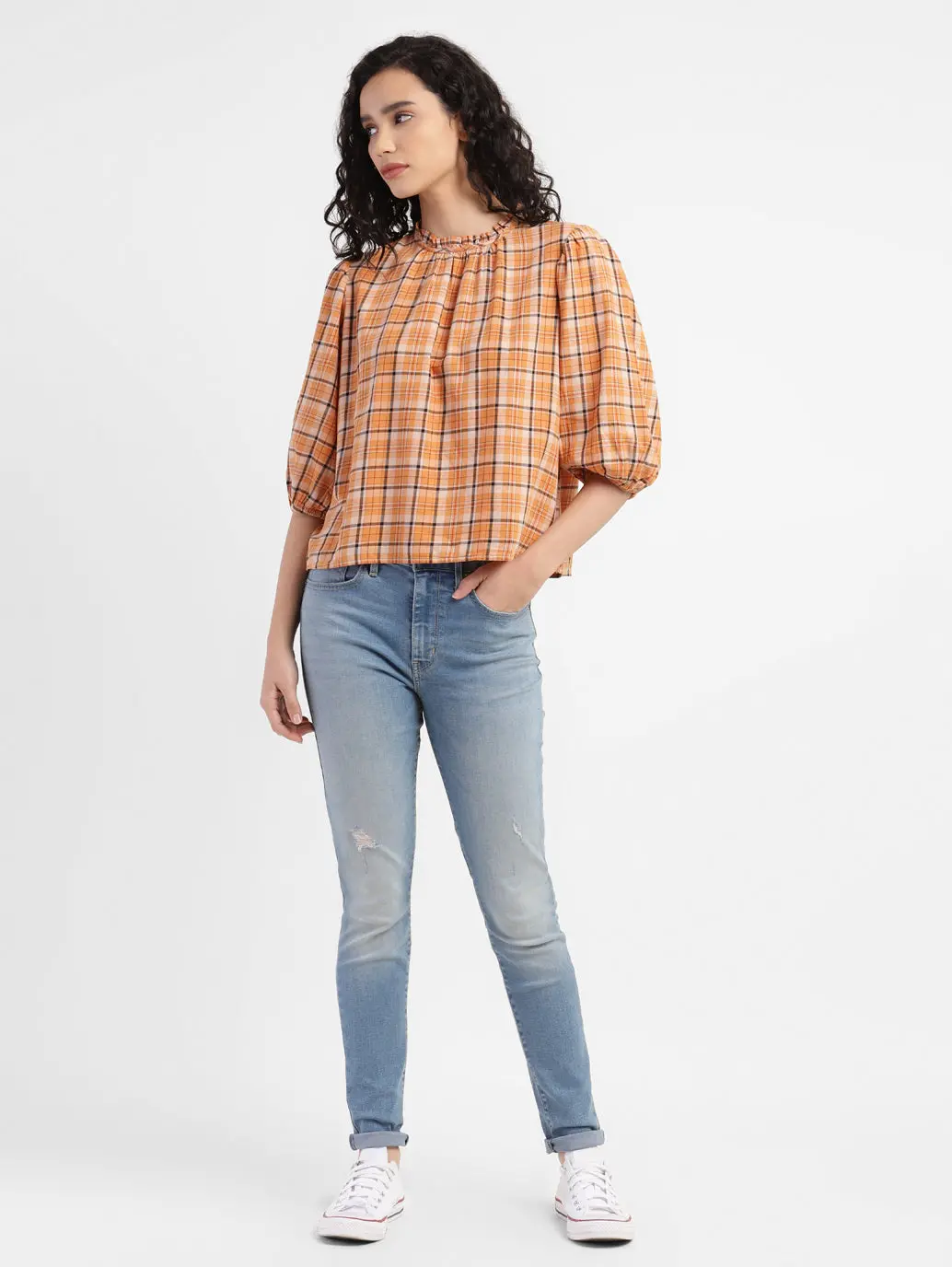 Women's Checkered Band Neck Top 1