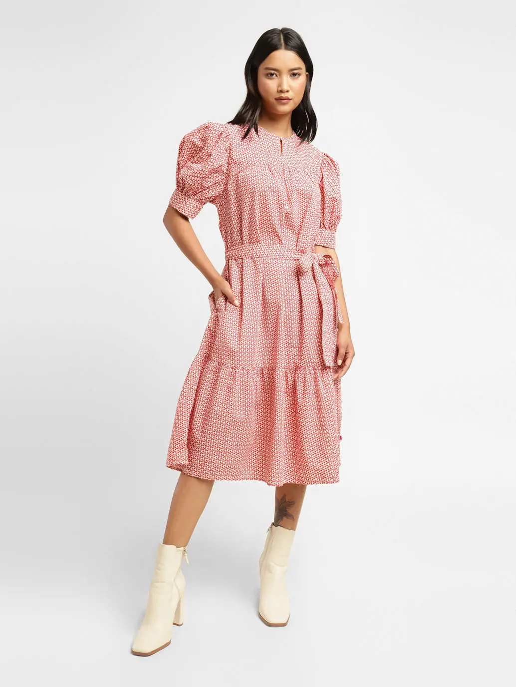 Women's Printed Cream Round Neck Dress 1