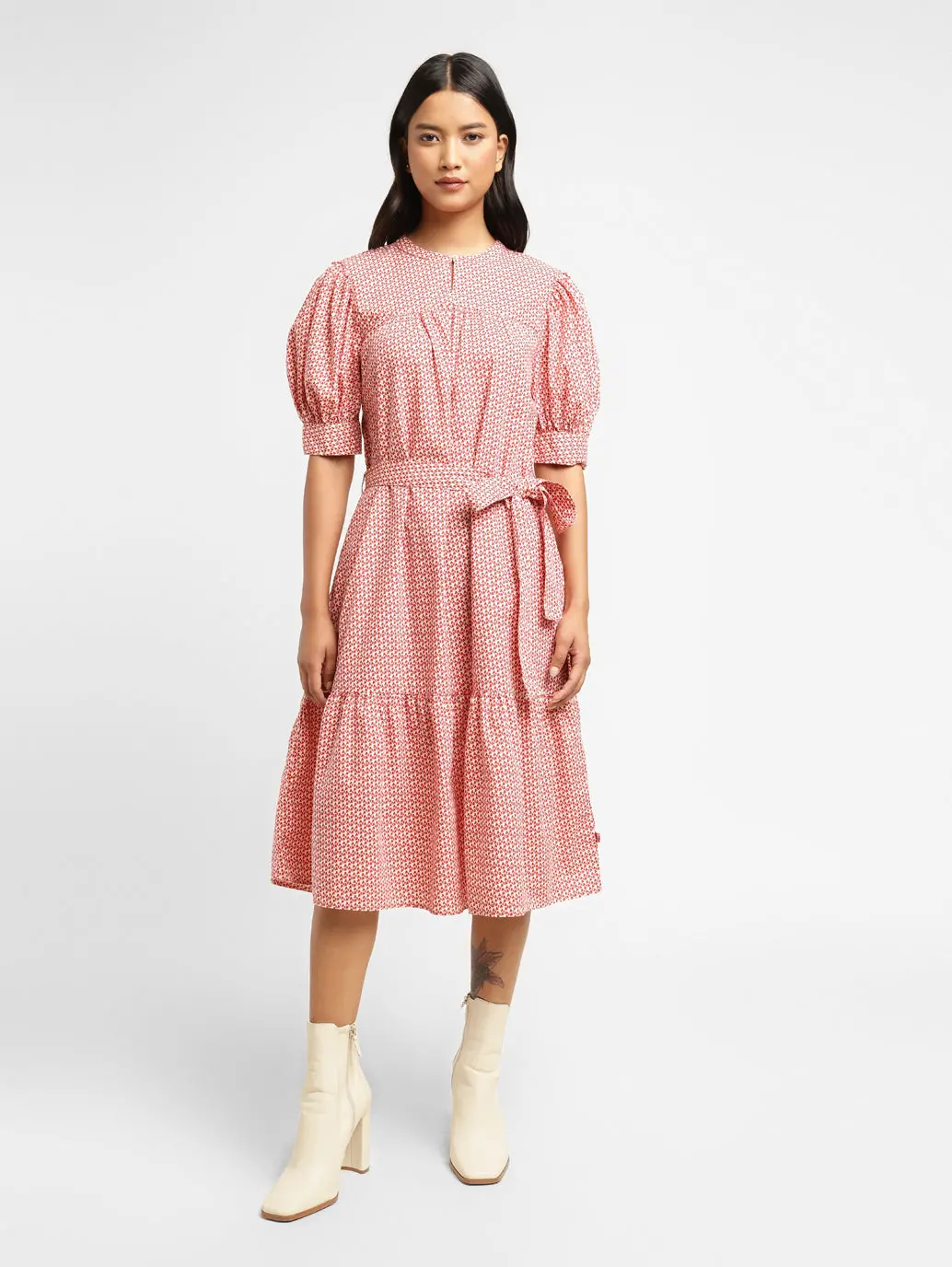 Women's Printed Cream Round Neck Dress 2