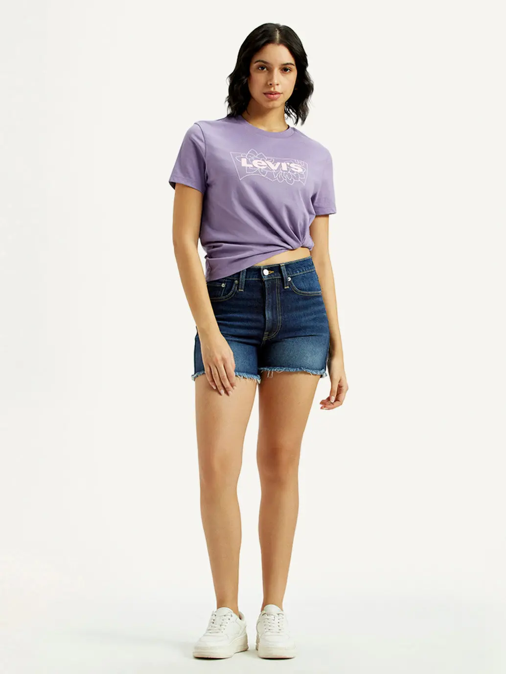 Women's Med Indigo Mid Rise Denim Wedgie Shorts 1