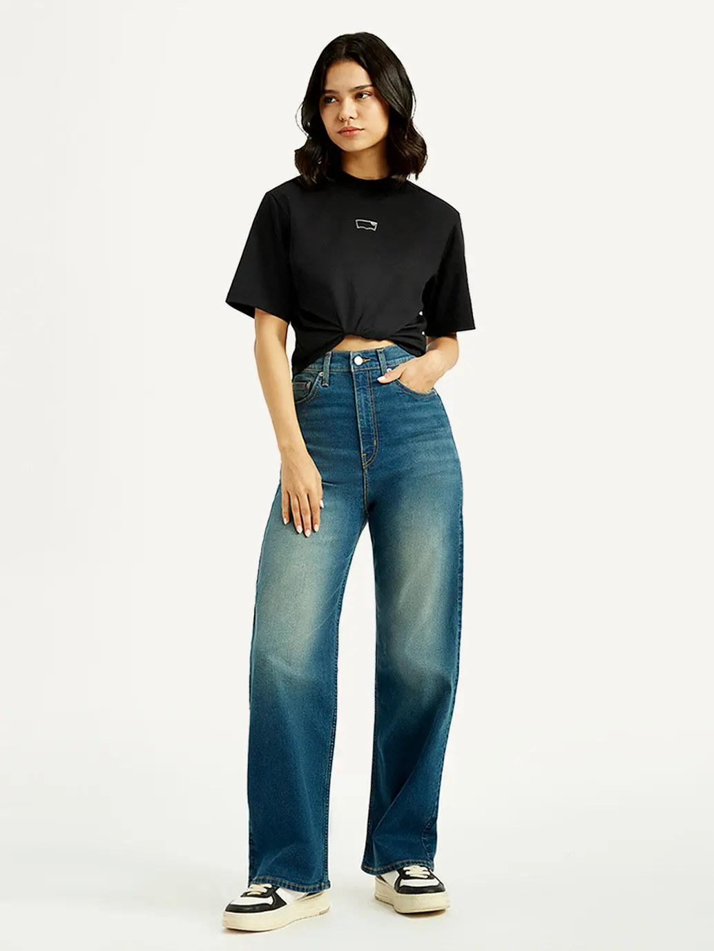 Women's Tinted Med Indigo Loose Fit High Rise Jeans 1