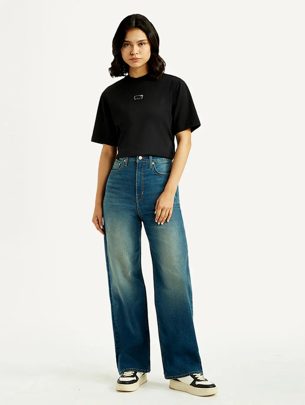 Women's Tinted Med Indigo Loose Fit High Rise Jeans 2