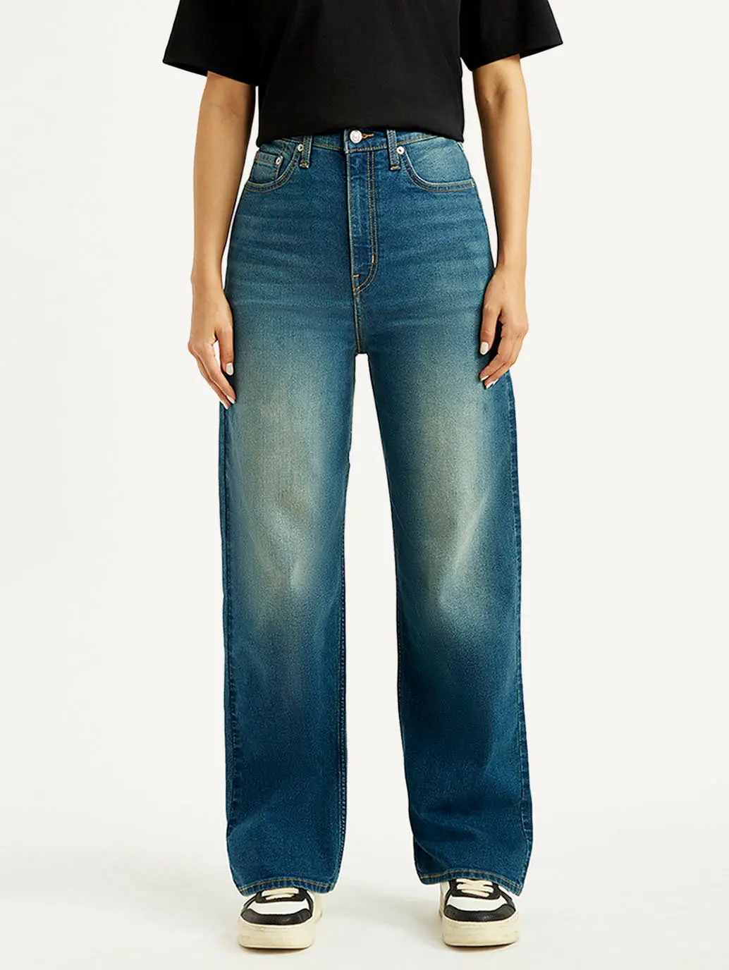 Women's Tinted Med Indigo Loose Fit High Rise Jeans 3