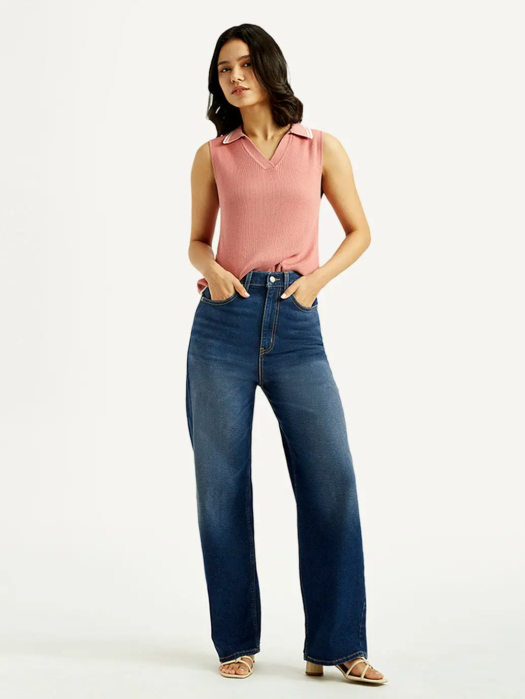 Women's Dark Blue Wide Leg Fit High Rise Jeans 1