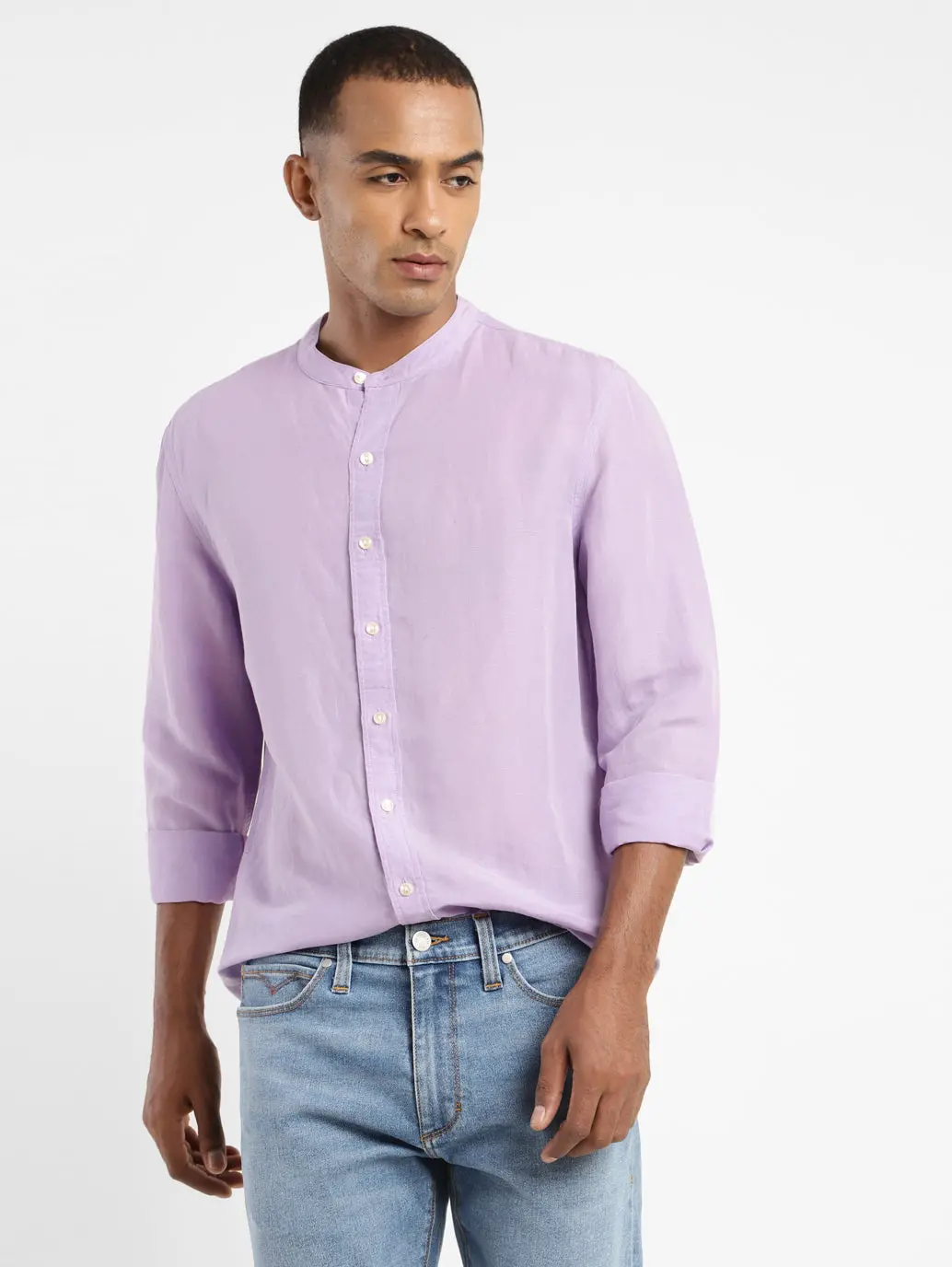 Men's Solid Band Neck Linen Shirt 2