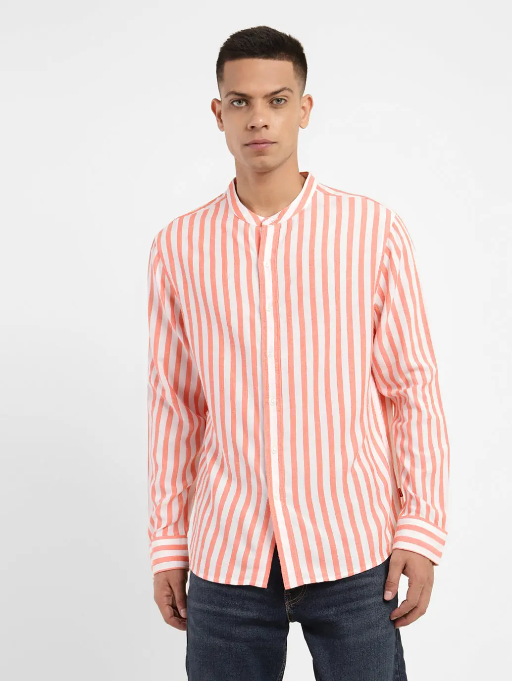 Men's Striped Band Neck Shirt 1