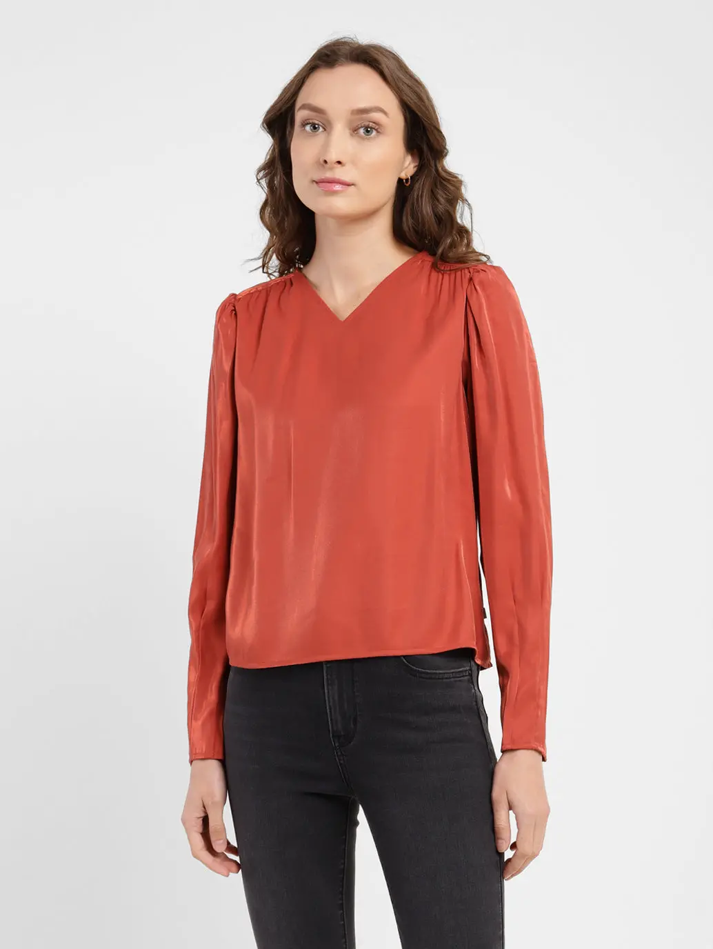 Women's Solid V Neck Top Red 1