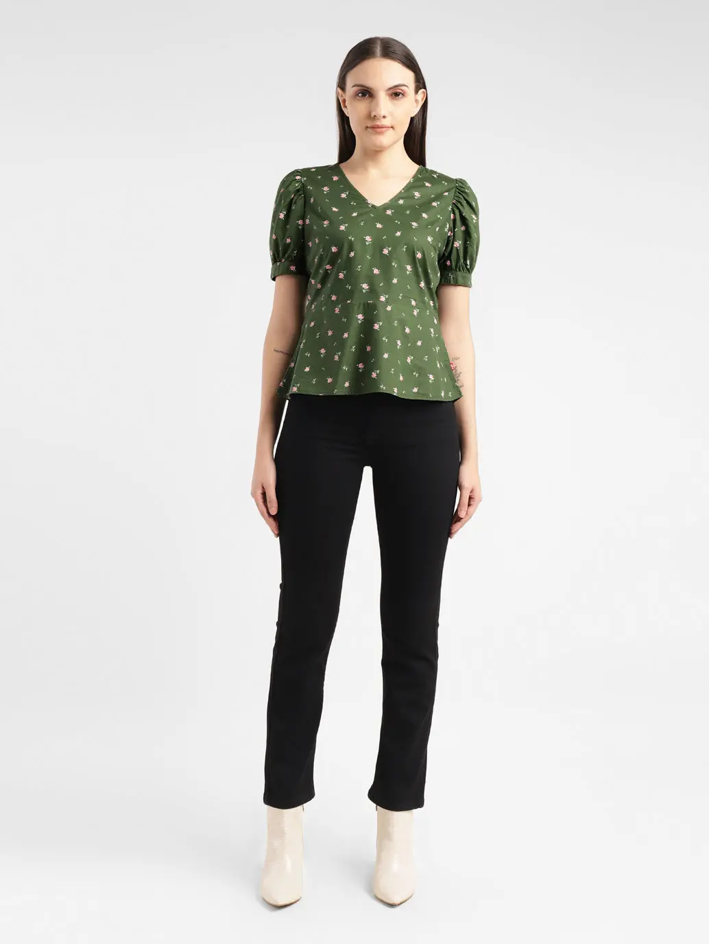 Women's Floral Print Green V Neck Top 1