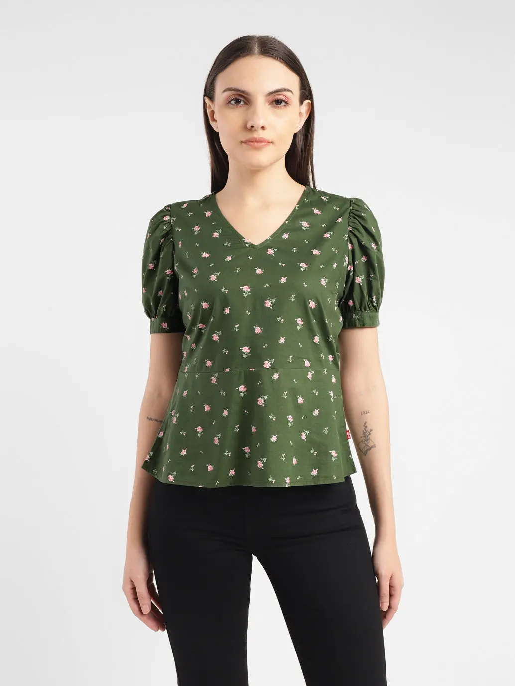 Women's Floral Print Green V Neck Top 2
