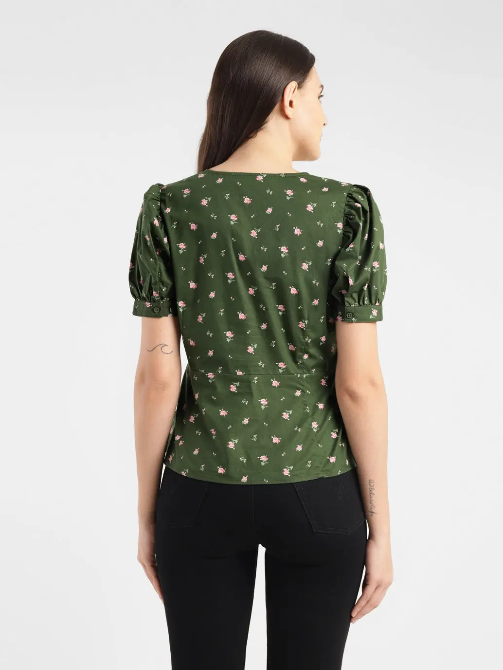 Women's Floral Print Green V Neck Top 3