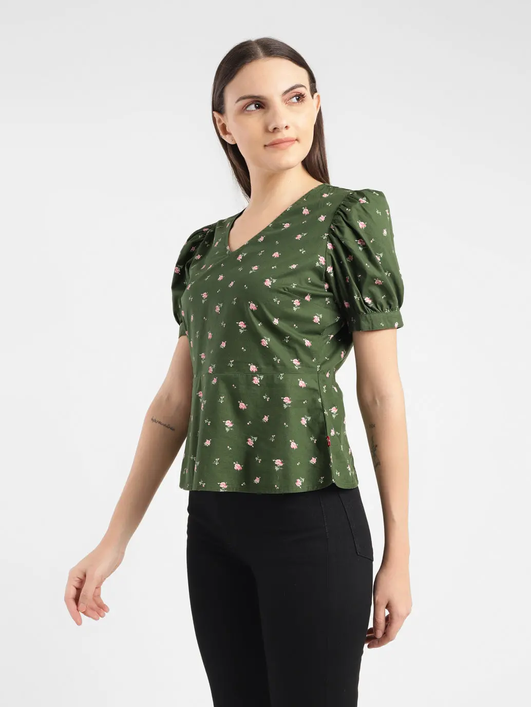 Women's Floral Print Green V Neck Top 4