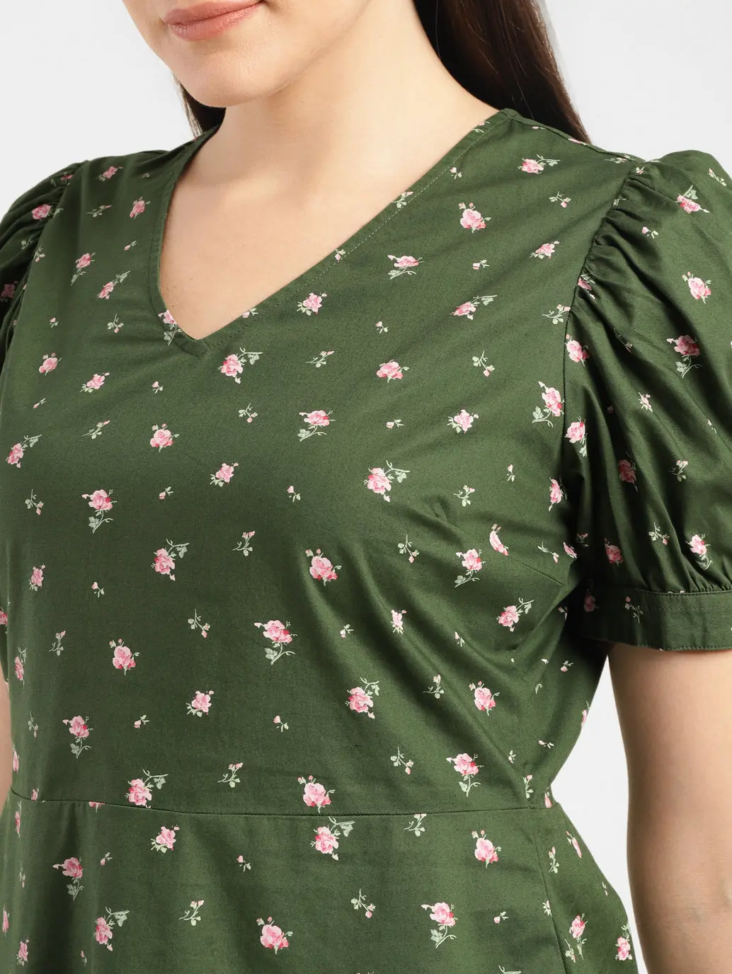 Women's Floral Print Green V Neck Top 5