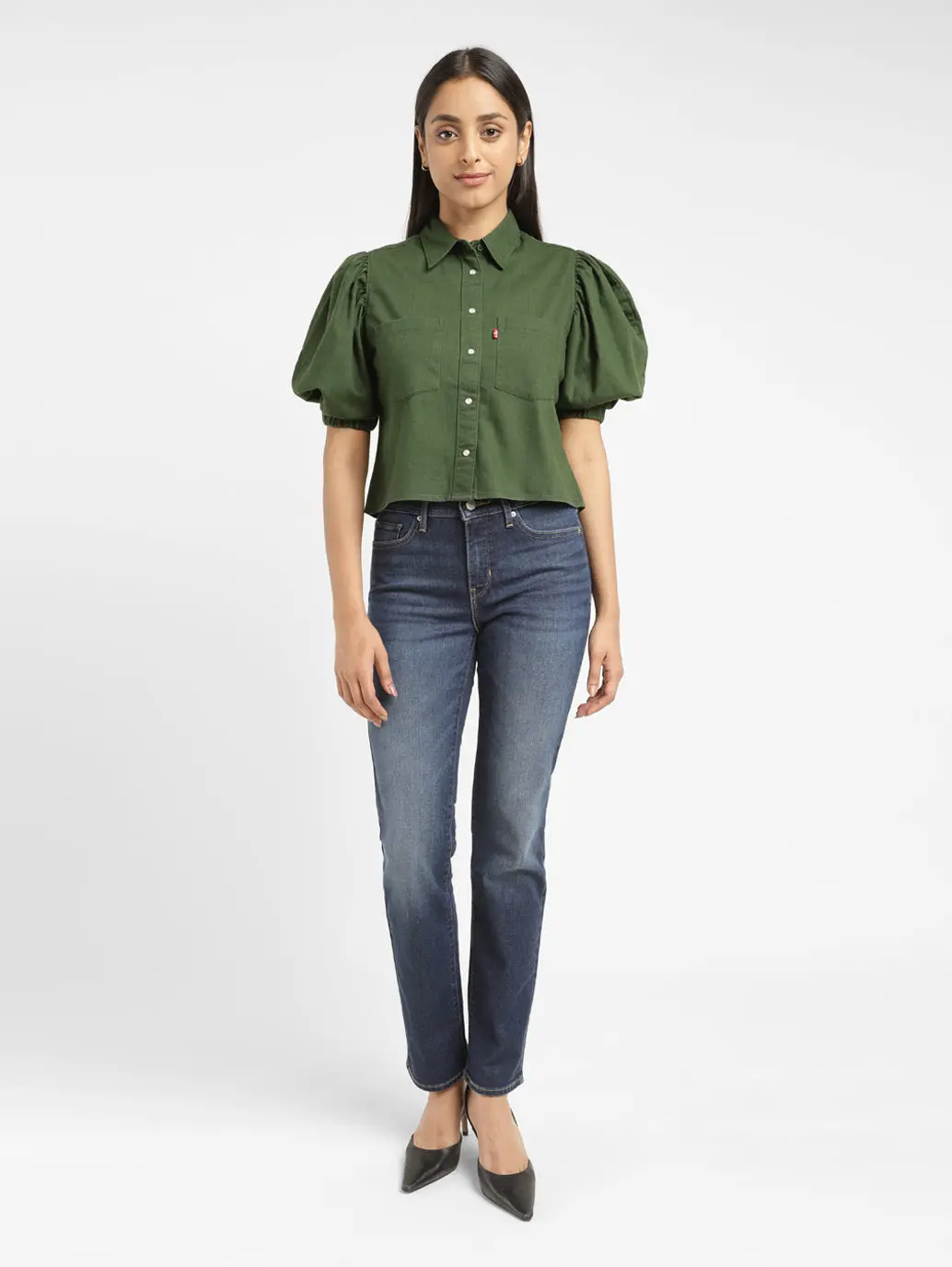 Women's Solid Dark Green Spread Collar Top 1