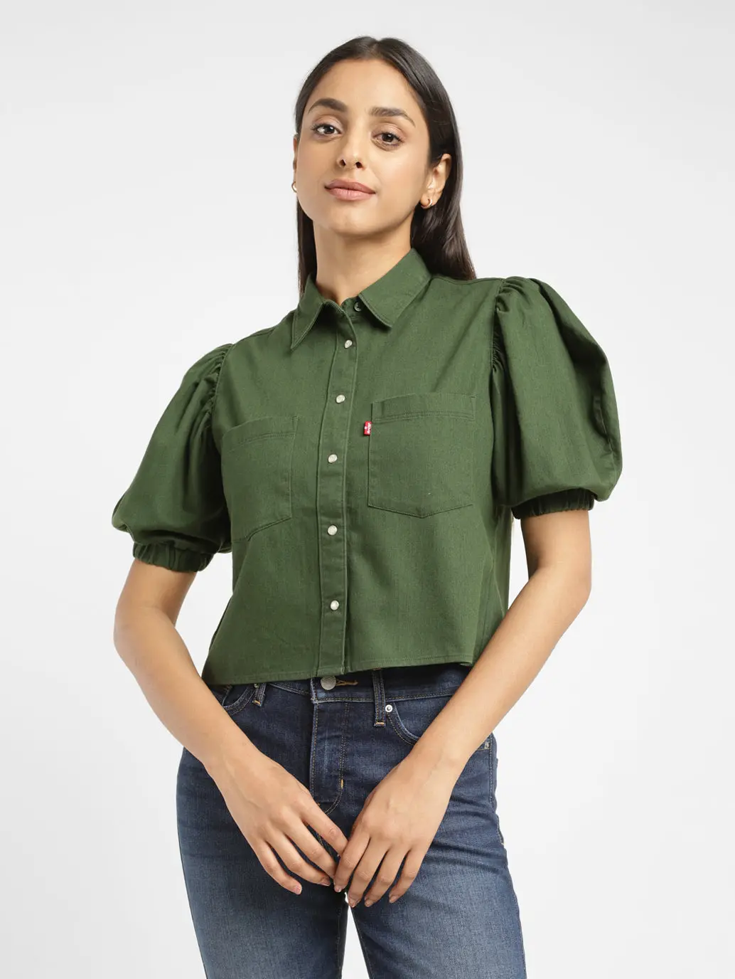 Women's Solid Dark Green Spread Collar Top 2