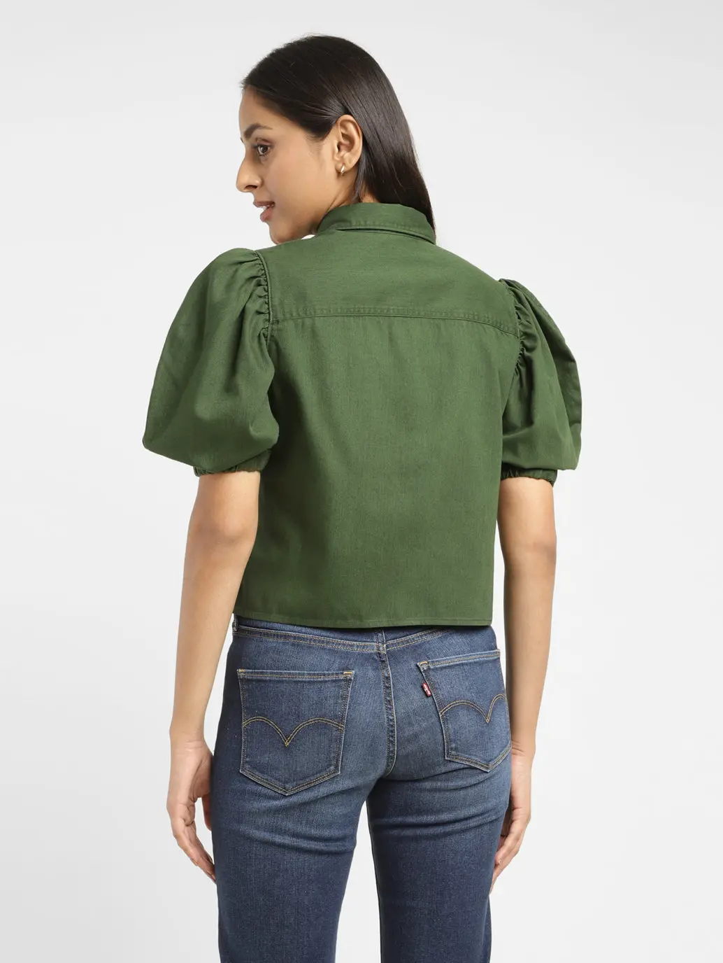 Women's Solid Dark Green Spread Collar Top 3