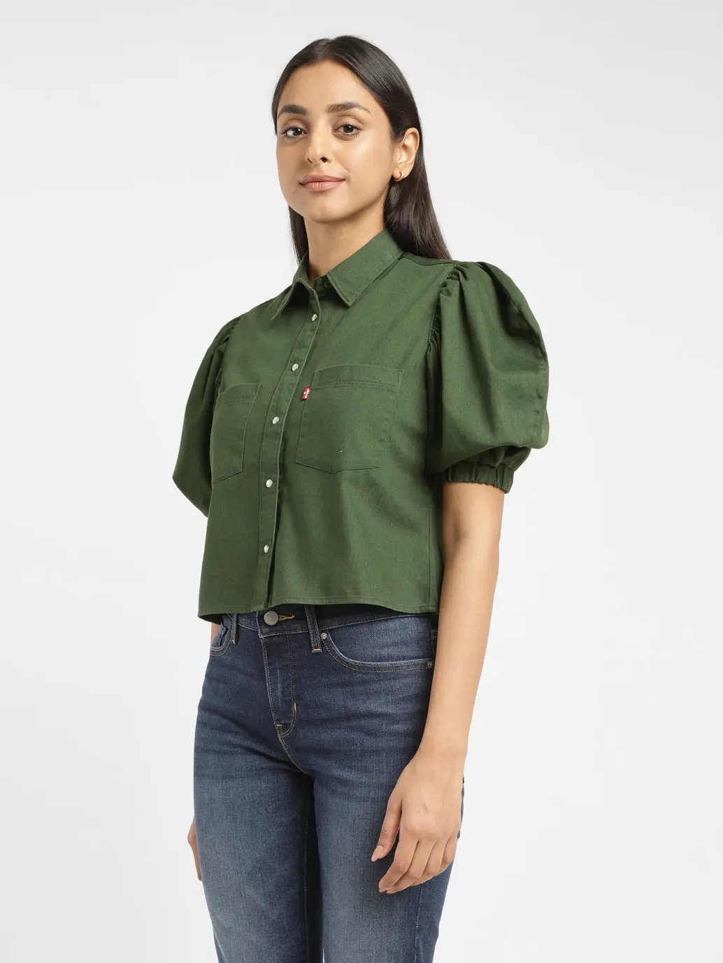 Women's Solid Dark Green Spread Collar Top 4