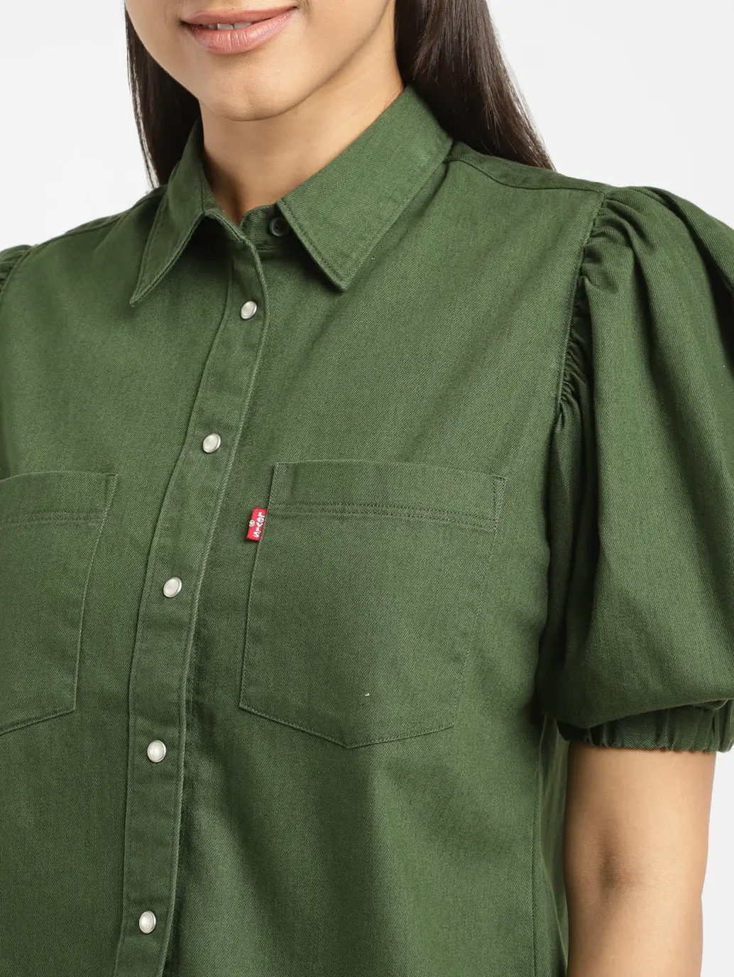 Women's Solid Dark Green Spread Collar Top 5