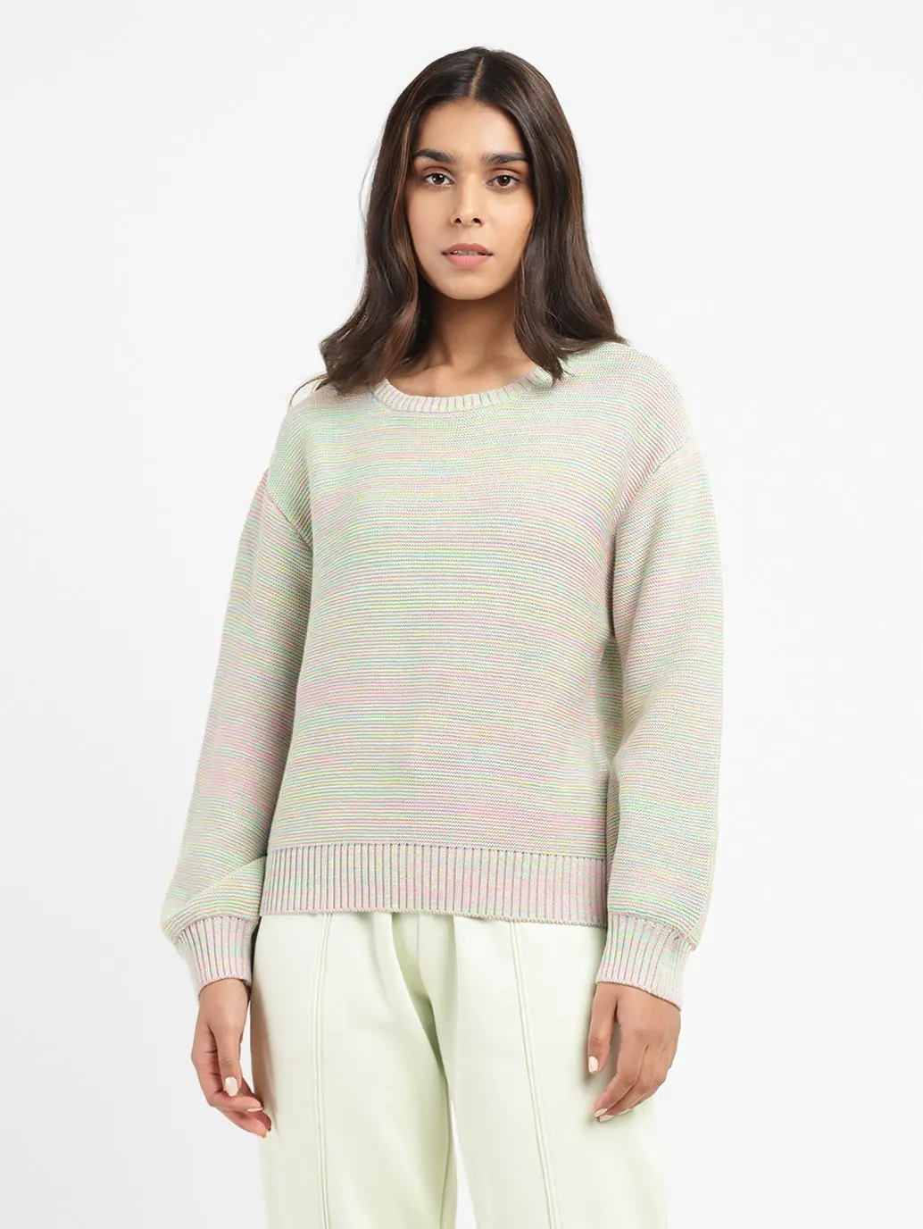 Women's Self Design Beige Crew Neck Sweatshirt 1