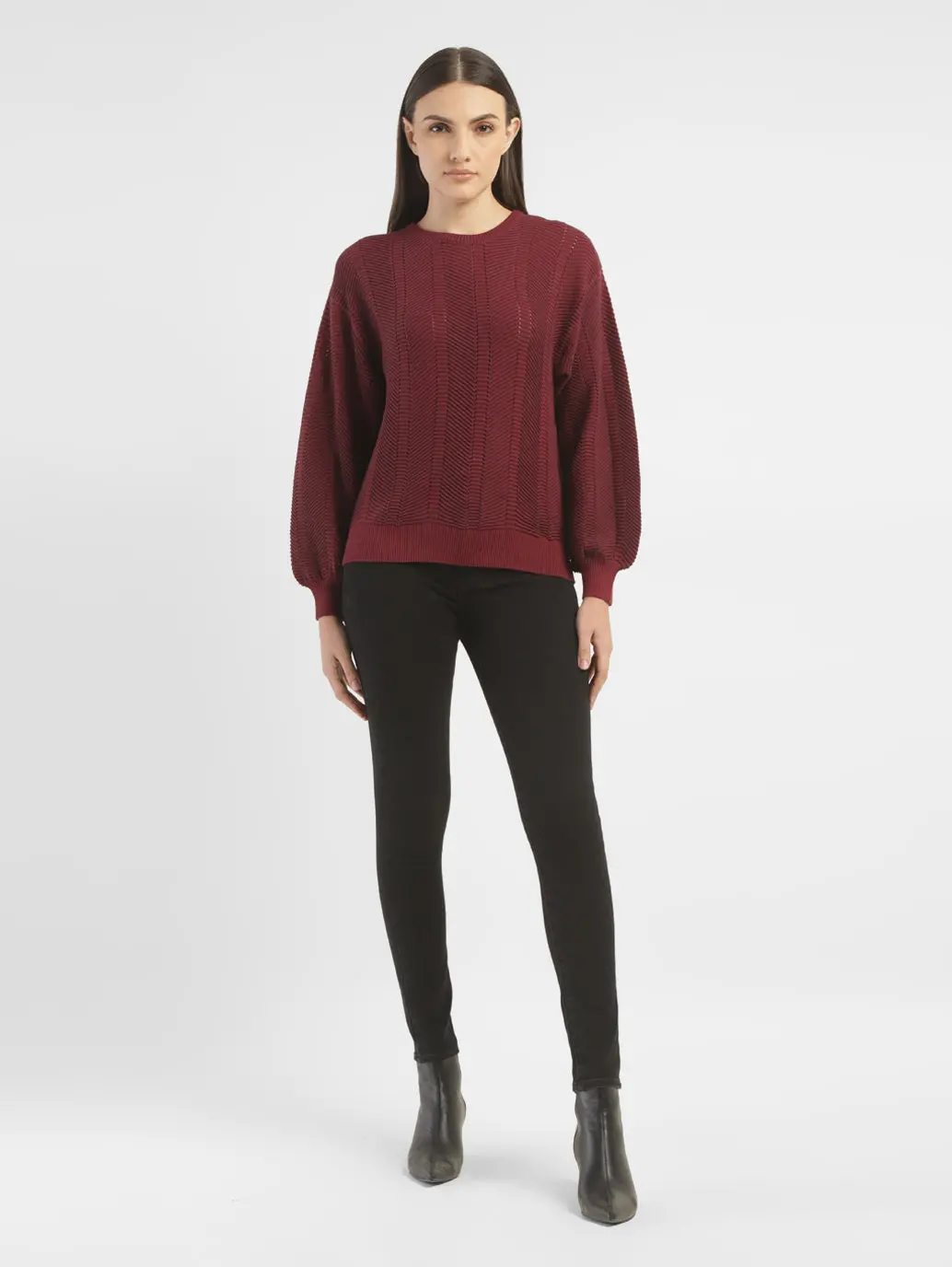 Women's Textured Maroon Crew Neck Sweater 1