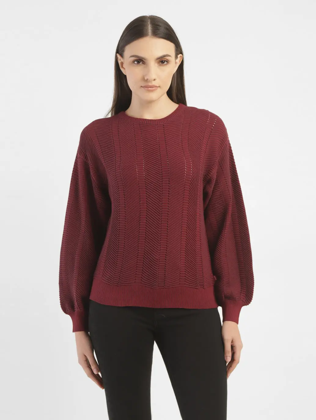 Women's Textured Maroon Crew Neck Sweater 2