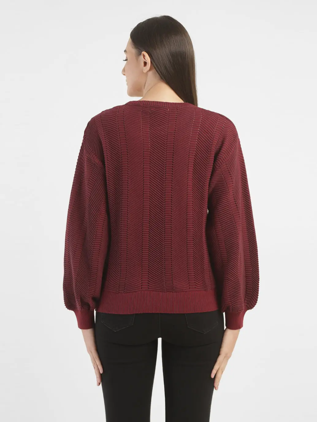 Women's Textured Maroon Crew Neck Sweater 3