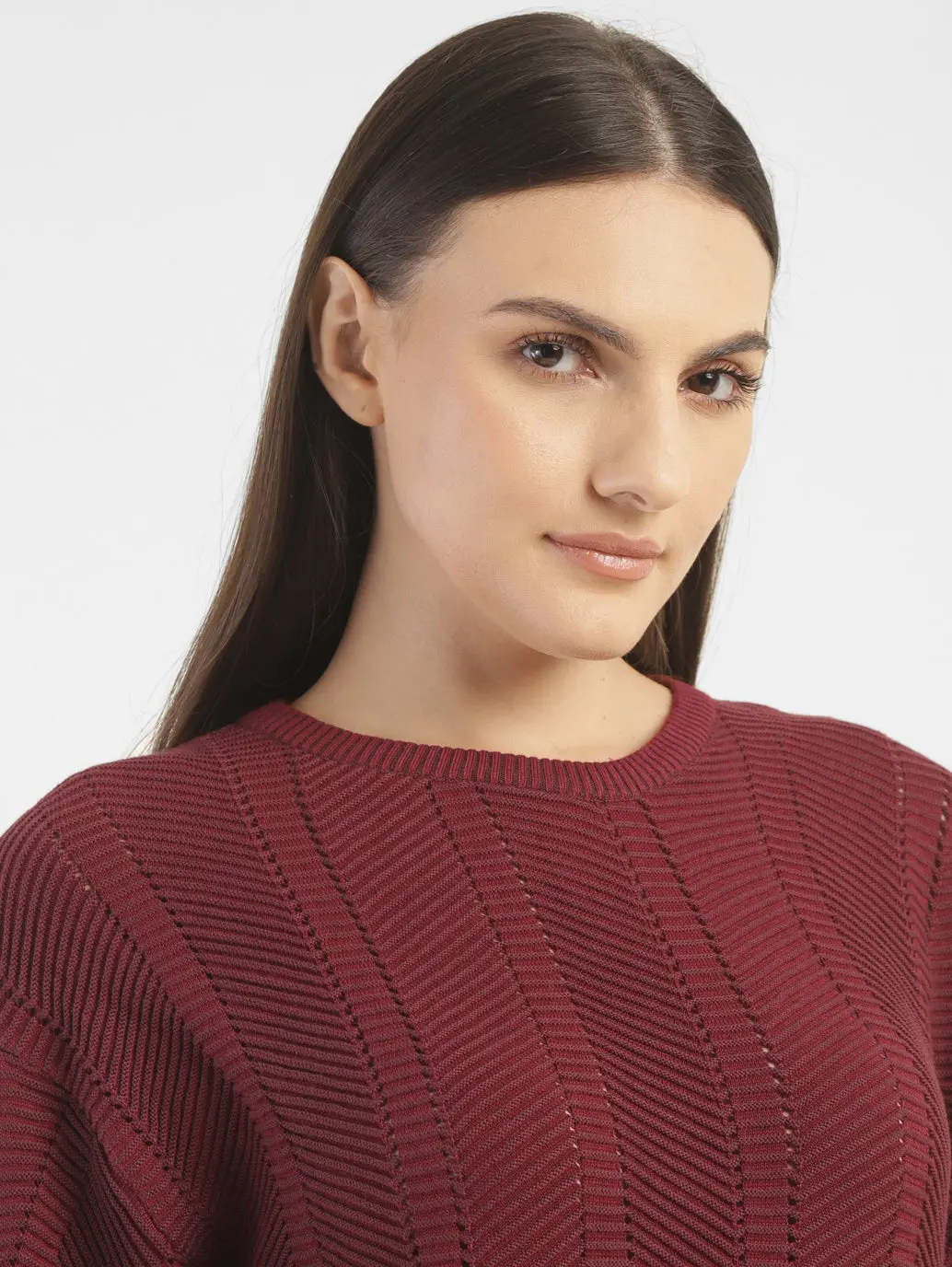 Women's Textured Maroon Crew Neck Sweater 5