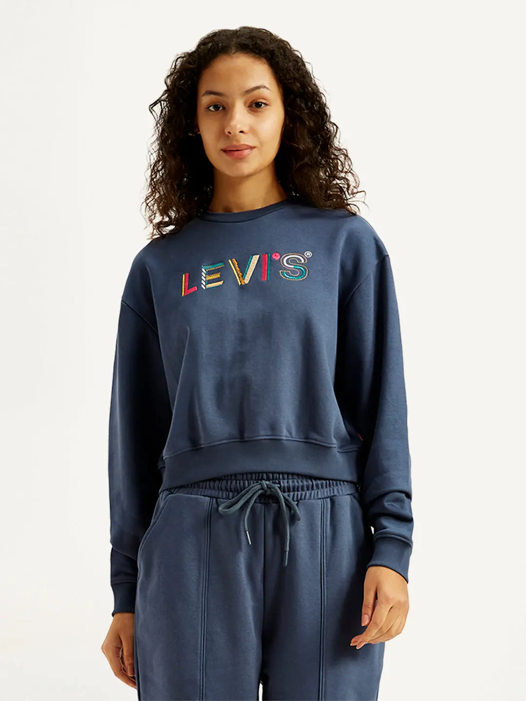 Women's Brand Logo Navy Crew Neck Sweatshirt 1