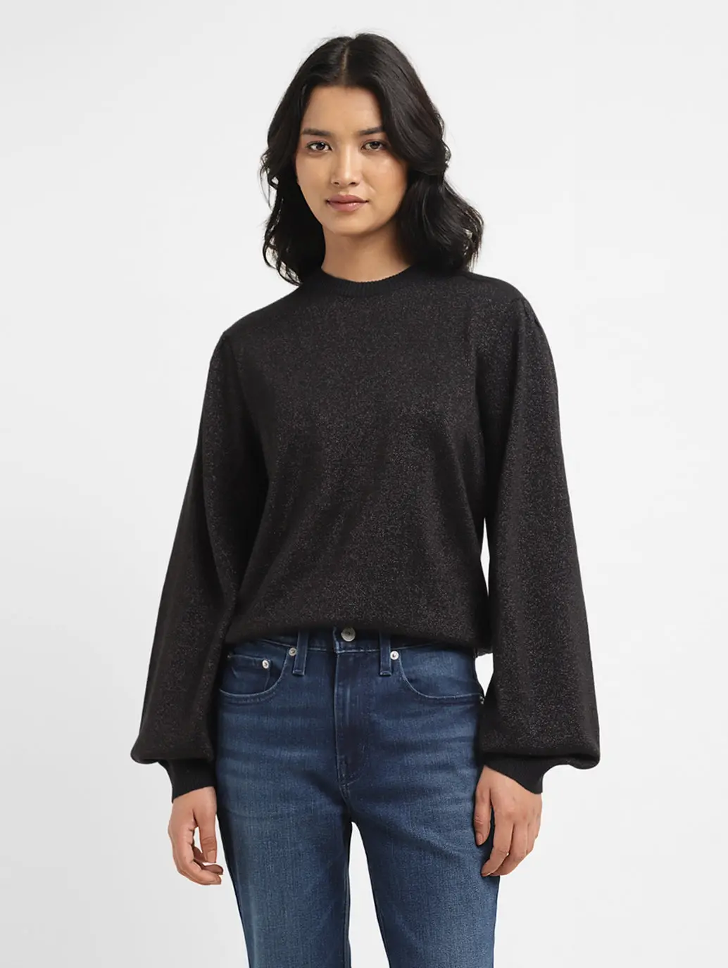 Women's Solid Black Crew Neck Sweater 1