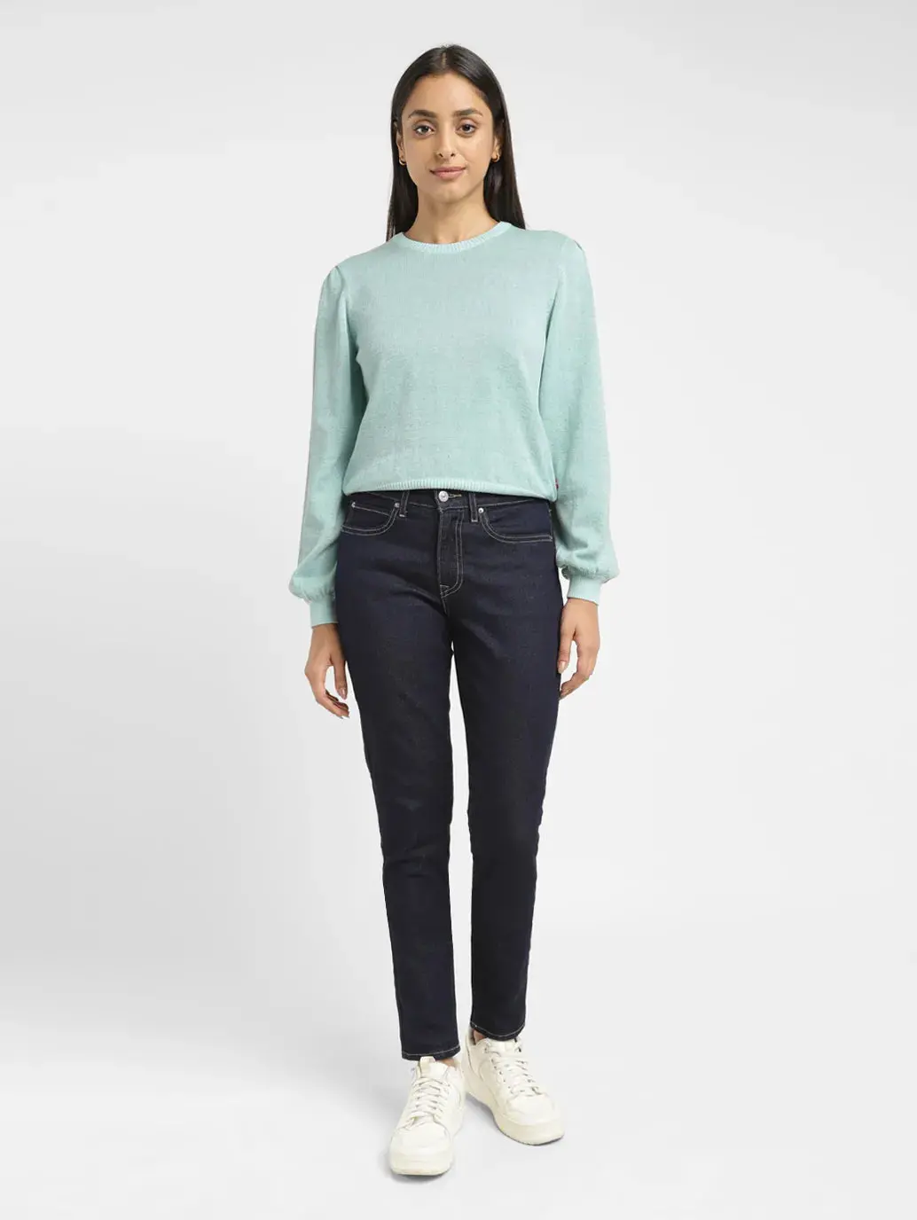 Women's Solid Blue Crew Neck Sweater 1