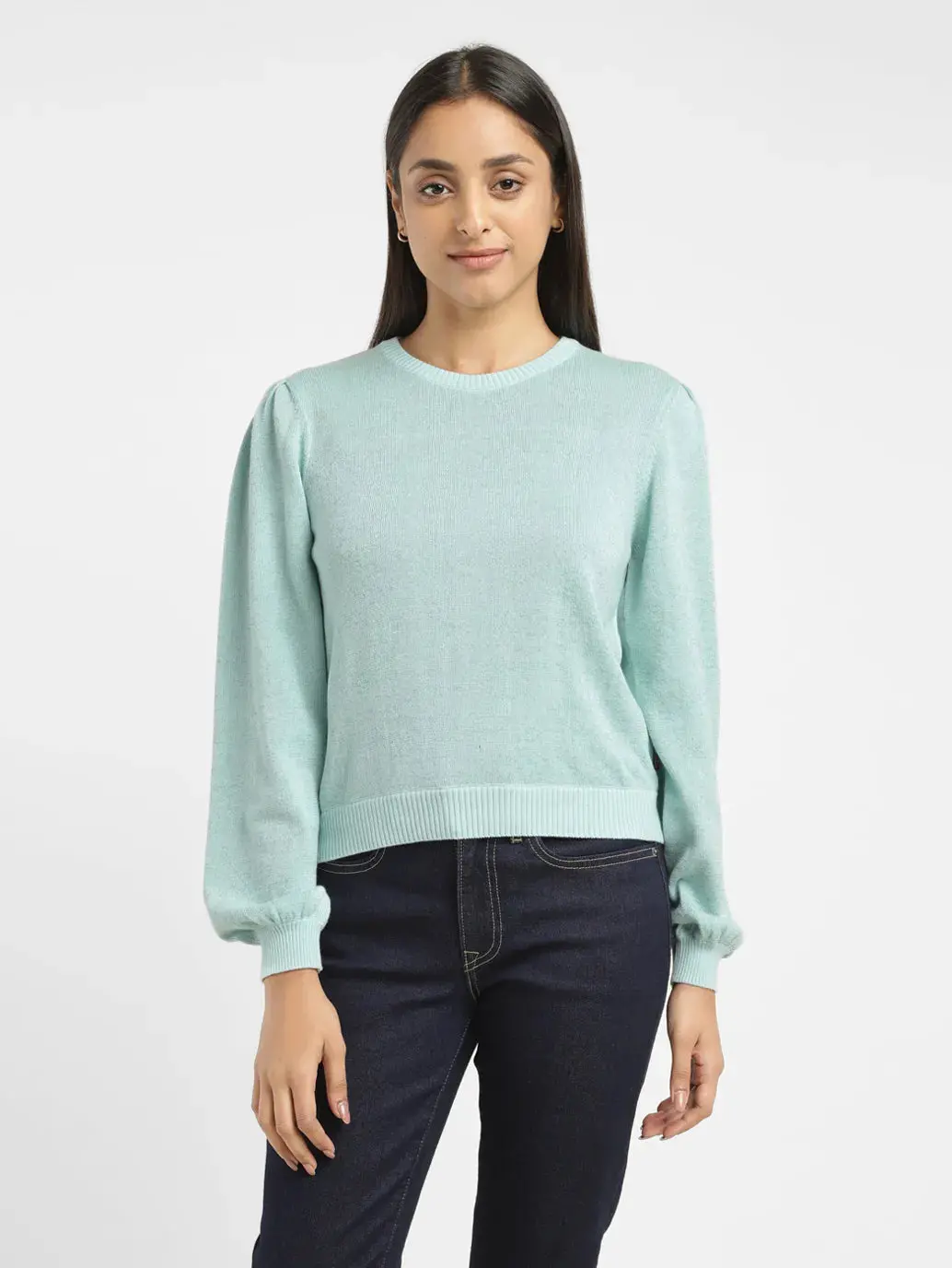 Women's Solid Blue Crew Neck Sweater 2