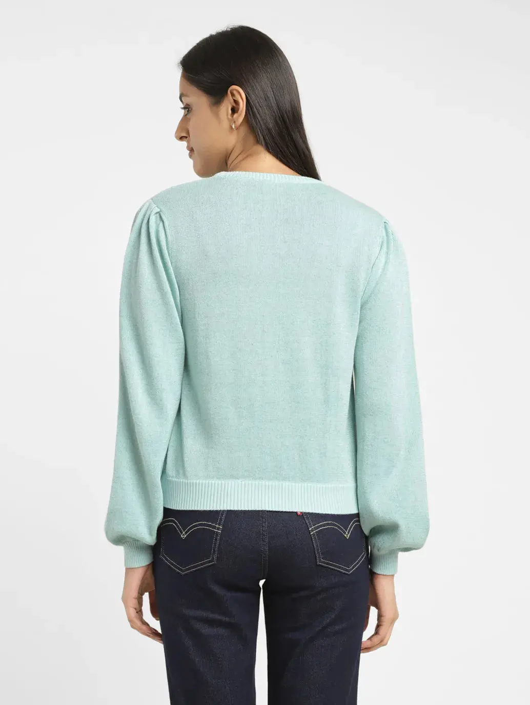 Women's Solid Blue Crew Neck Sweater 3