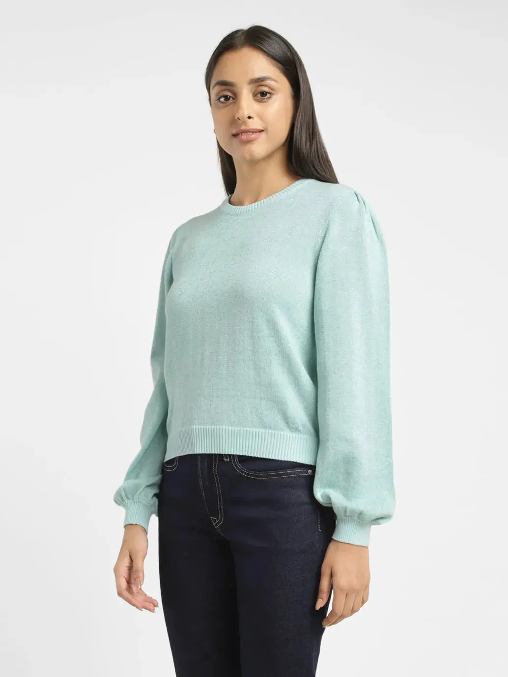 Women's Solid Blue Crew Neck Sweater 4