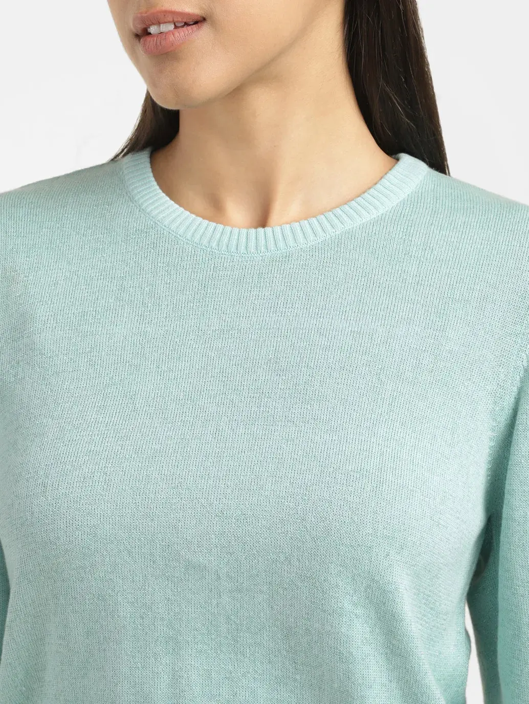 Women's Solid Blue Crew Neck Sweater 5