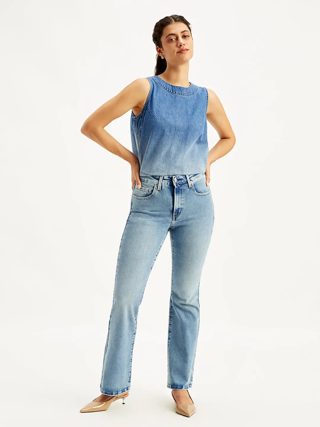 Women's 726 Blue Flared Fit Mid Rise Jeans 1