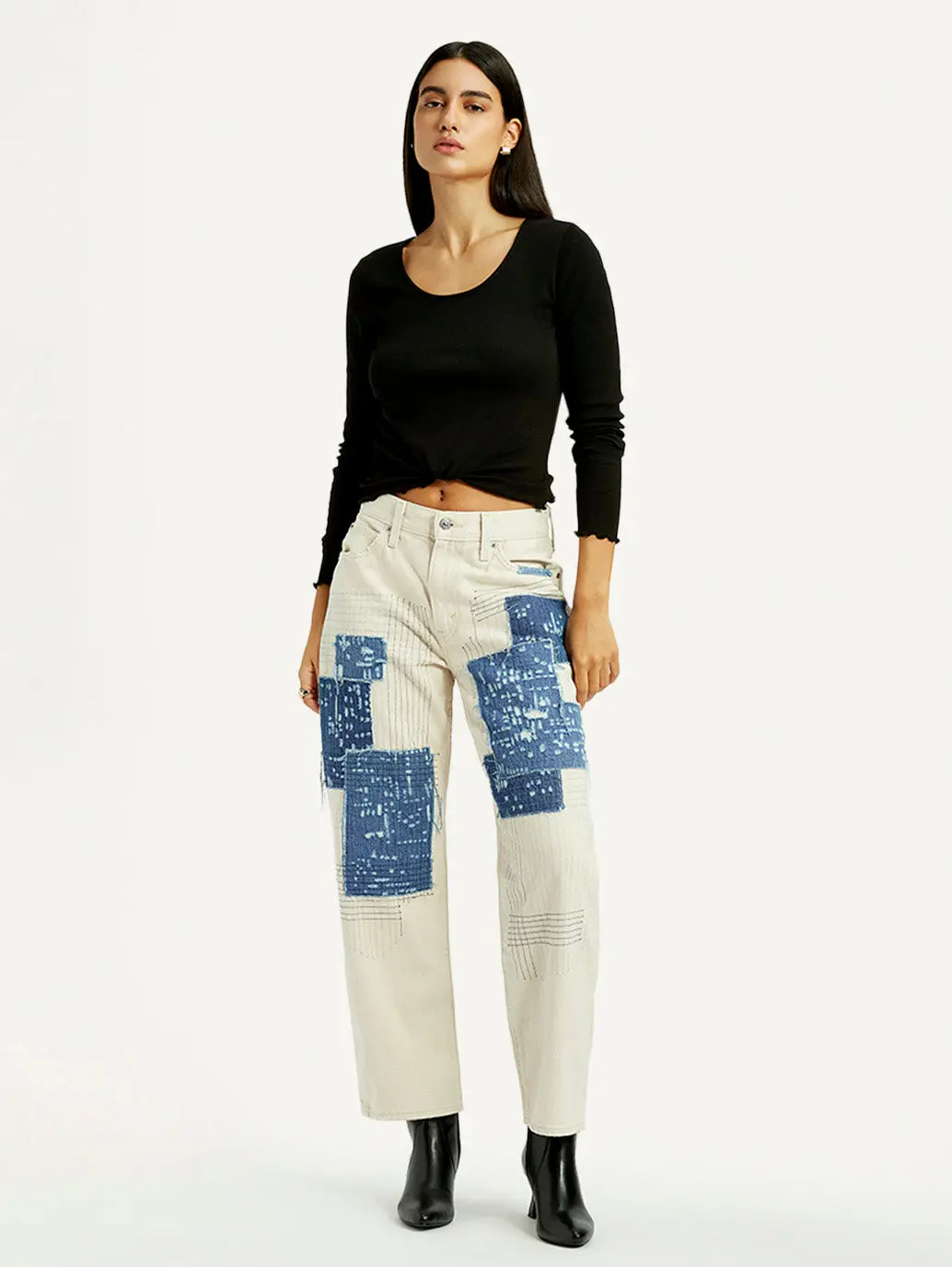 Women's Cream Baggy Fit Mid Rise Jeans 1