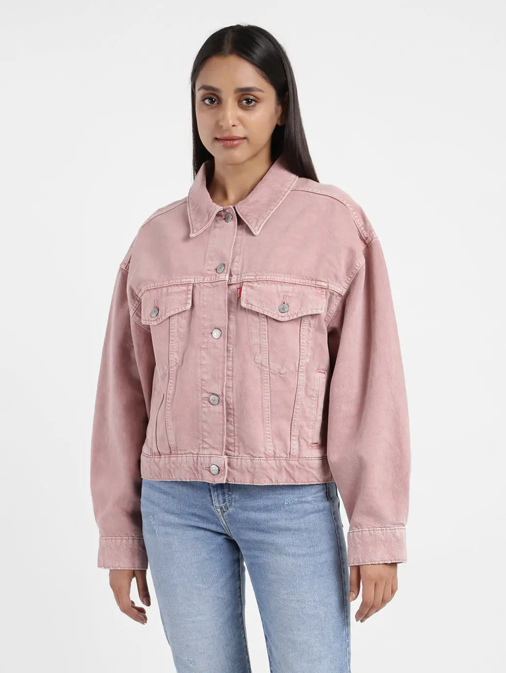 Women's Solid Pink Collar Neck Trucker Jacket 1