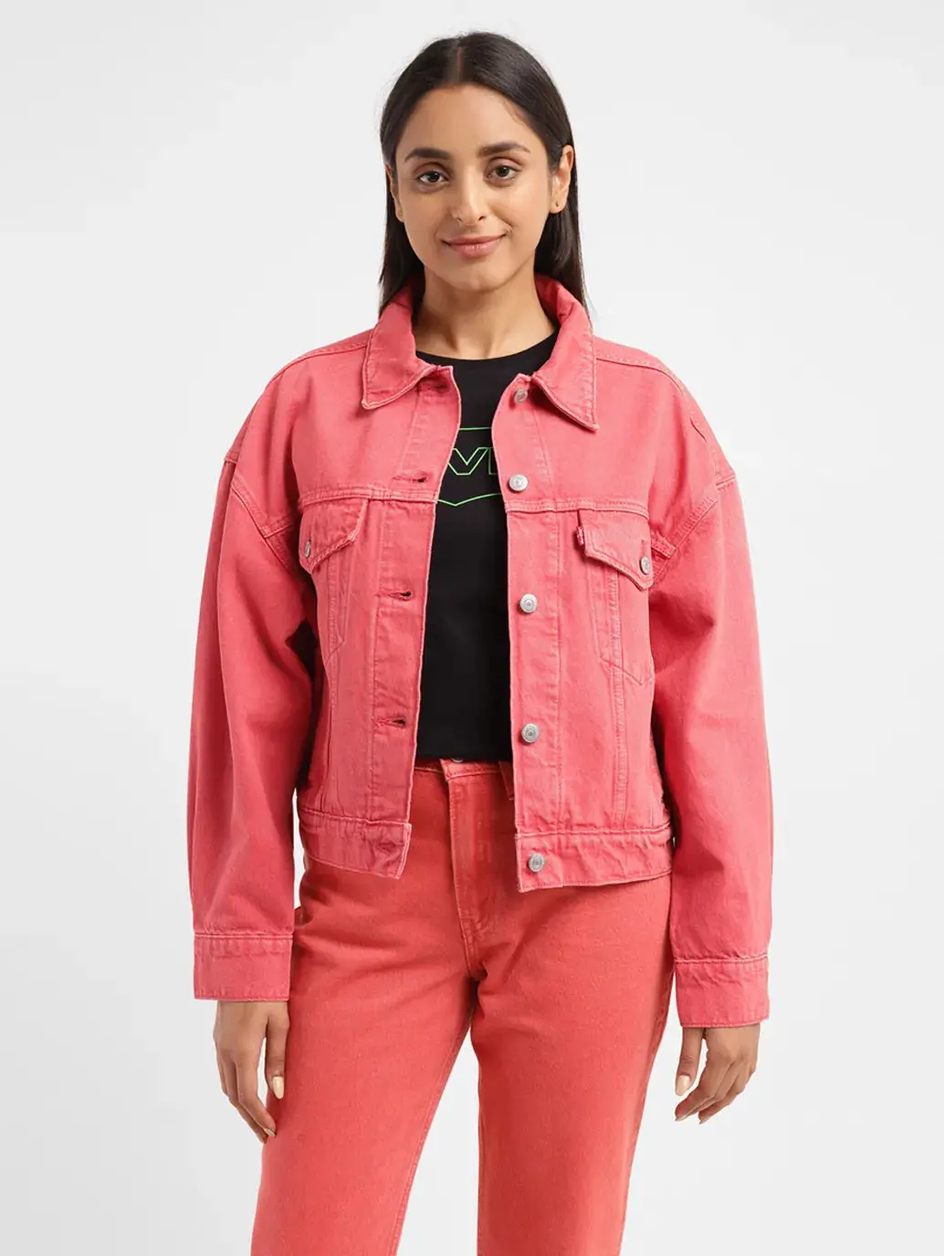 Women's Solid Spread Collar Denim Jacket 1