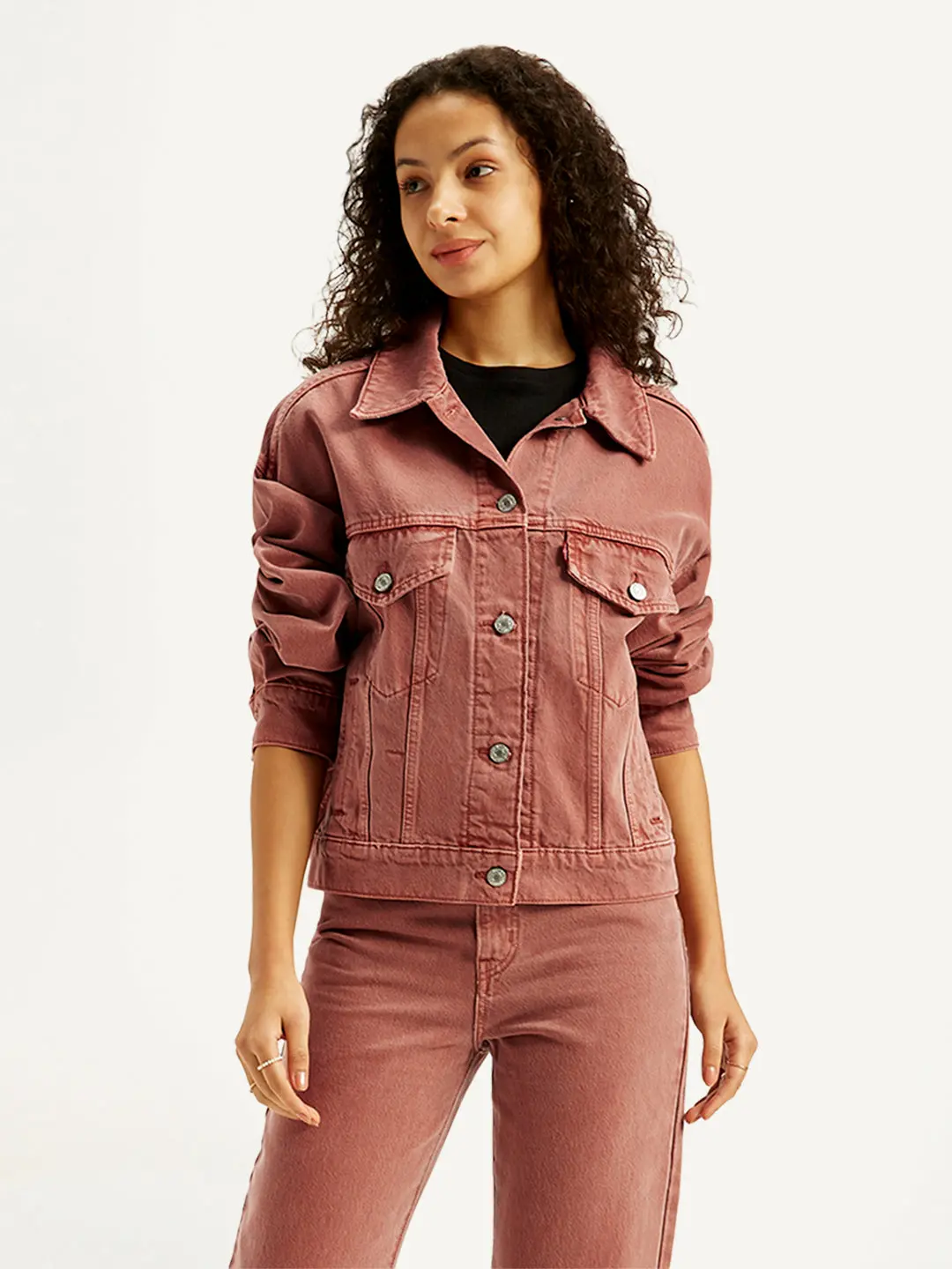 Women's Solid Rust Spread Collar Trucker Denim Jacket 1