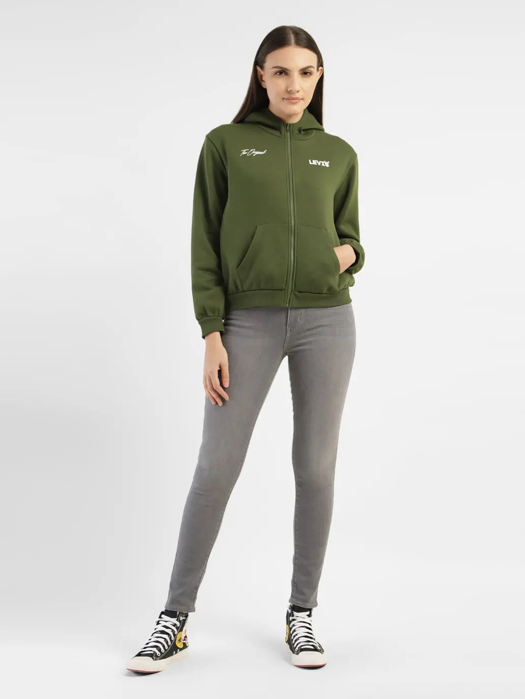 Women's Alphanumeric Print Green Hooded Sweatshirt 1