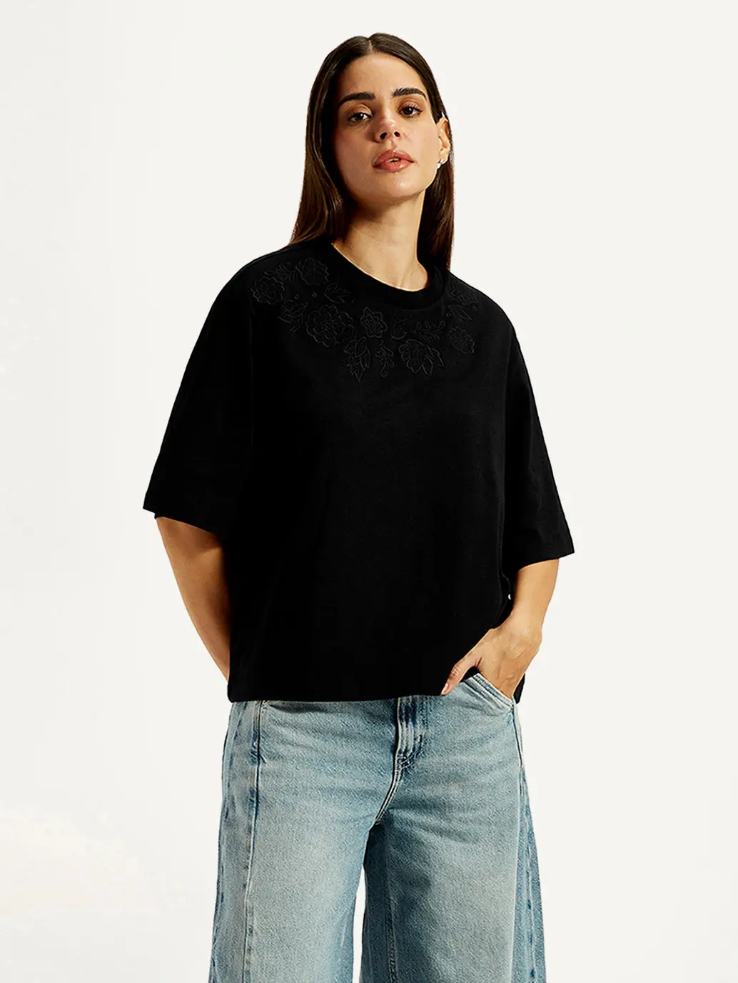Women's Embroidered Black Relaxed Fit T-Shirt 1
