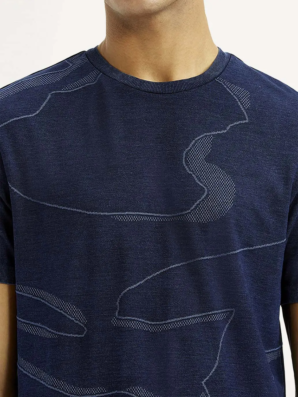 Men's Abstract Navy Blue Slim Fit Seamless T-Shirt 4