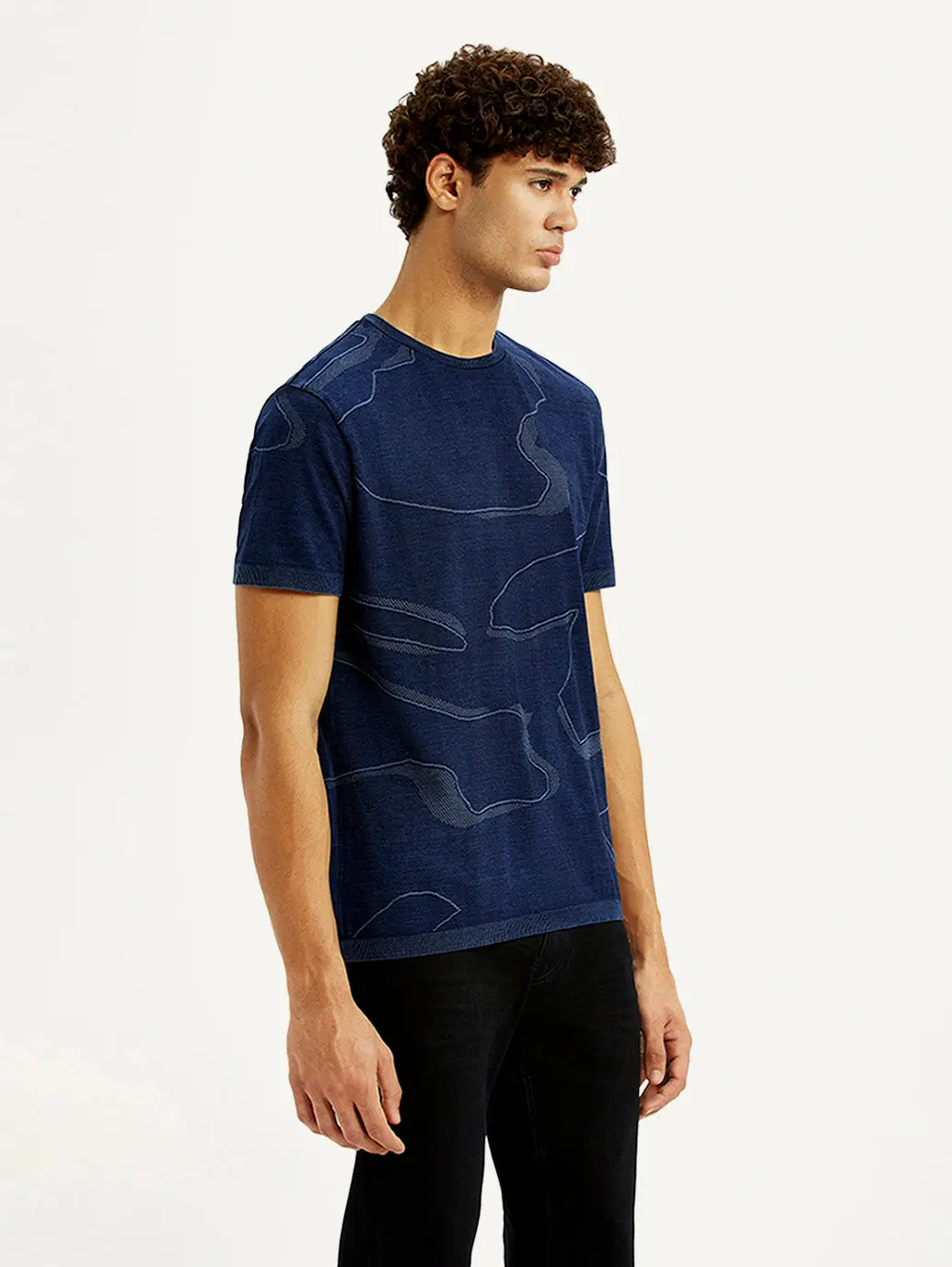 Men's Abstract Navy Blue Slim Fit Seamless T-Shirt 3