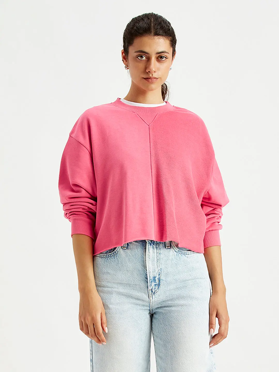 Women's Solid Pink Crew Neck Sweatshirt 1