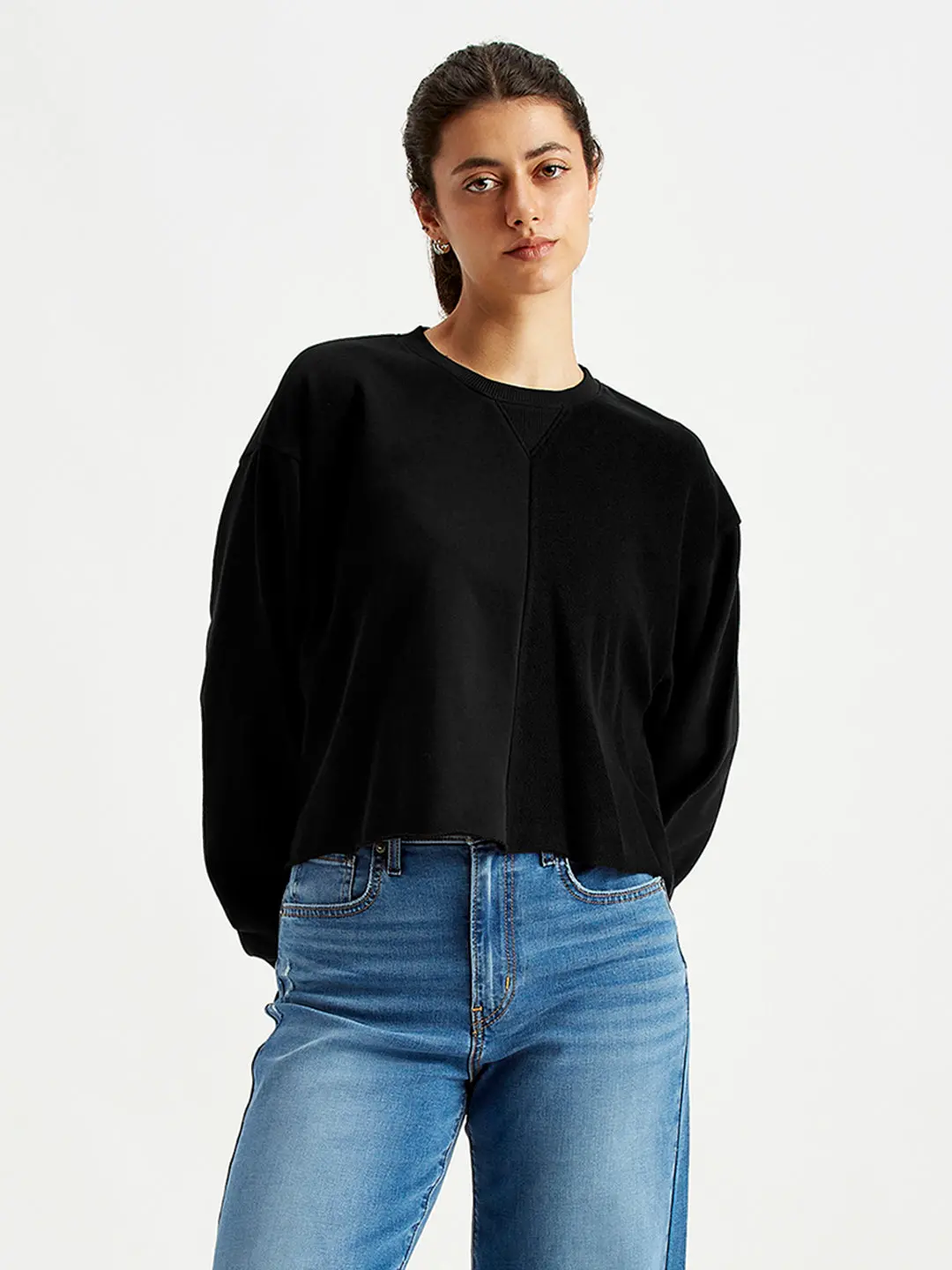 Women's Solid Black Crew Neck Sweatshirt 1