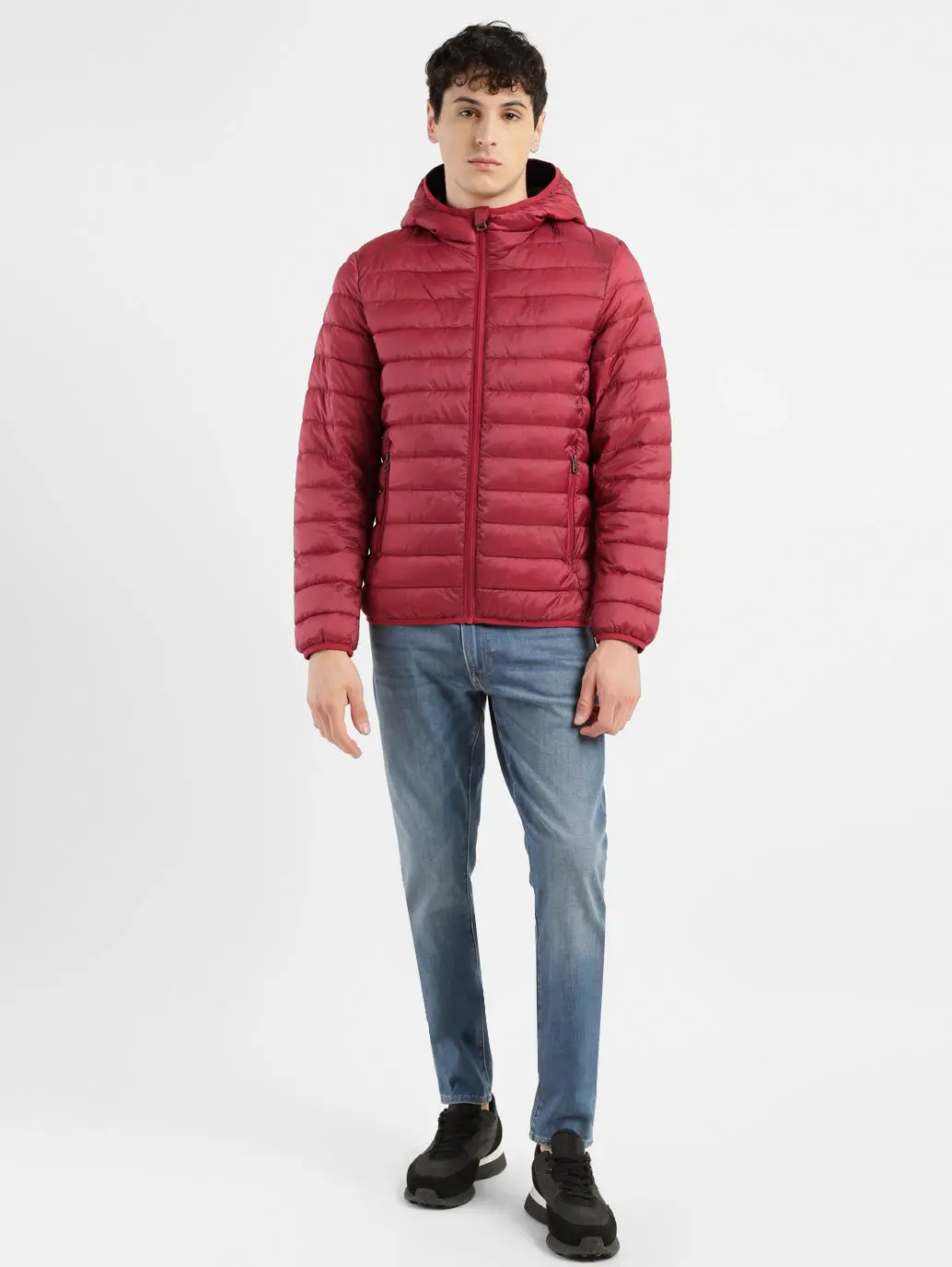 Men's Solid Red Hooded Quilted Jacket 1