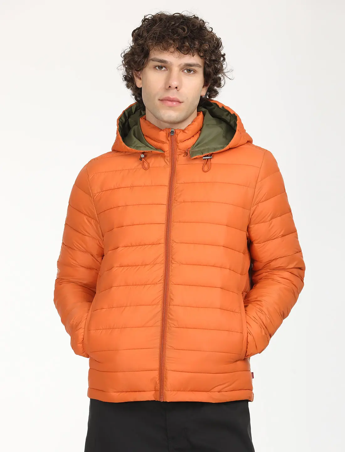 Men's Quilted Orange Hooded Puffer Jacket 1