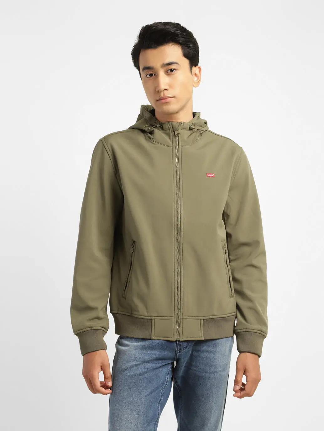 Men's Solid Olive Green Hooded Bomber Jacket 1