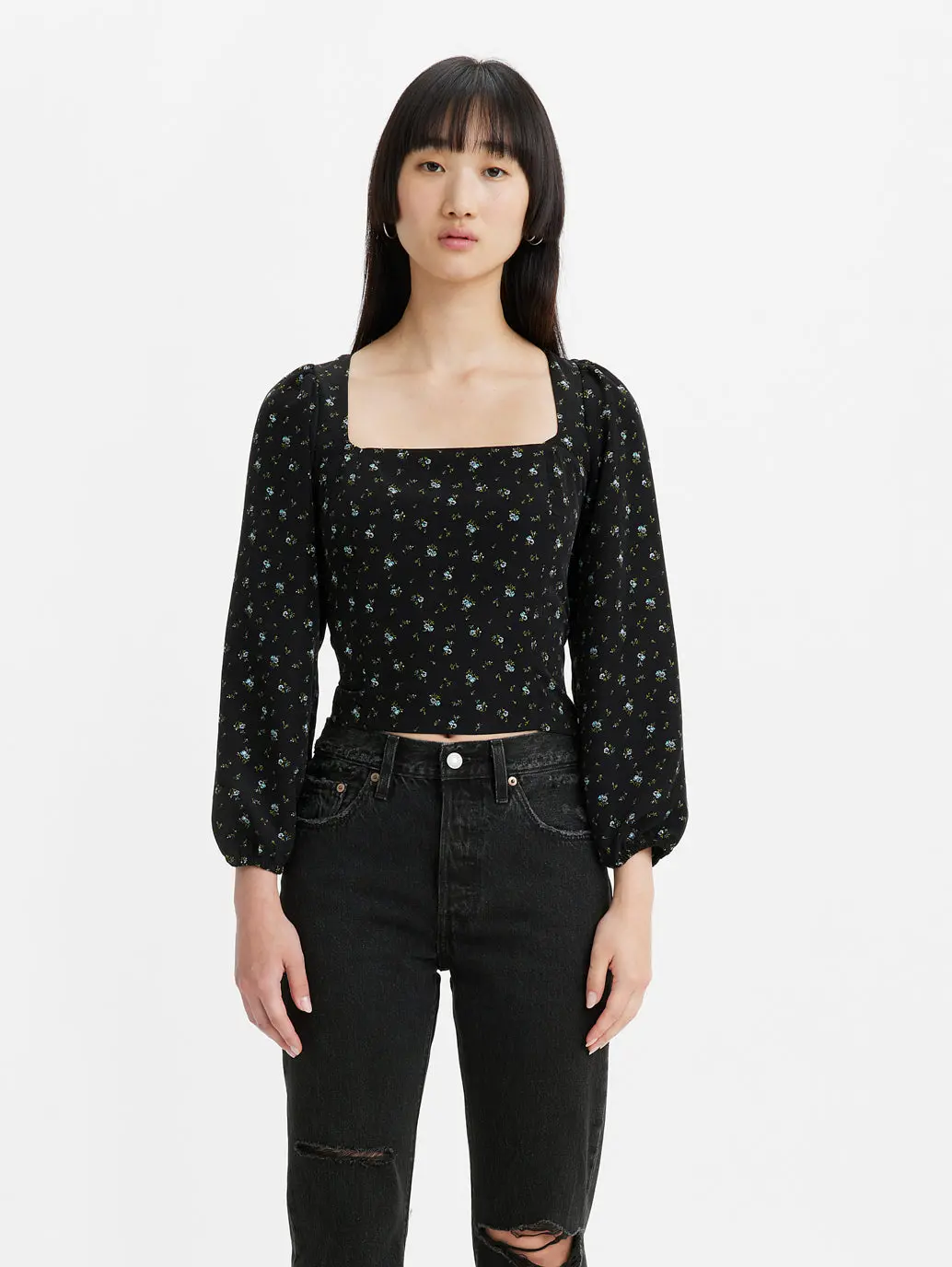 Women's Floral Print Black Square Neck Top 1