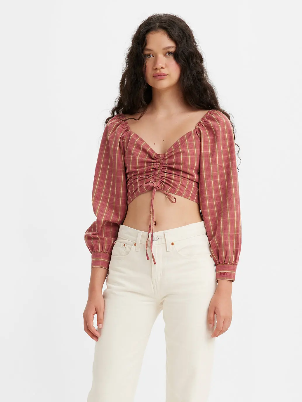 Women's Checkered Brown Sweet Heart Neck Crop Top 1